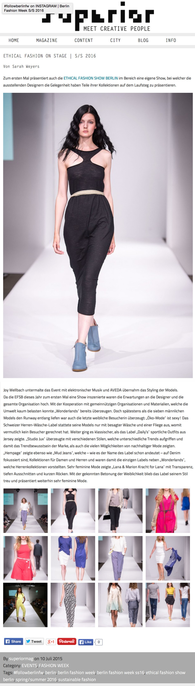 SUPERIOR MAGAZINE 
Ethical Fashion Show Berlin on Stage Showbericht S/S 2016