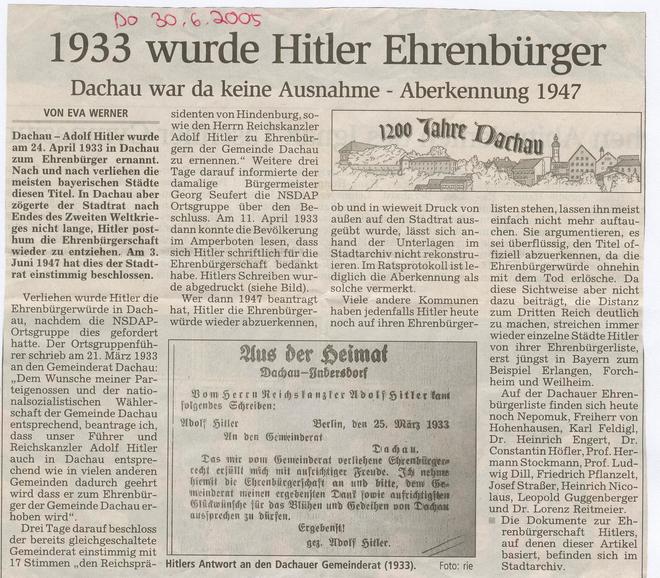 Hitler Ehrenbürger in Dachau von 33 bis 47