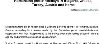 Romanians prefer holidays in Bulgary, Greece, Turkey, Austria and home
