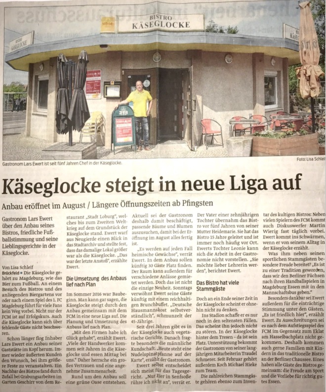 Käseglocke steigt in neue Liga auf (Magdeburger Volksstimme, 05/2018)