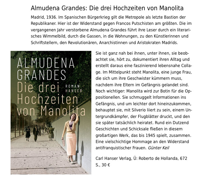 Rezesion von Almudena Grandes´ Roman "Die drei Hochzeiten von Manolita"