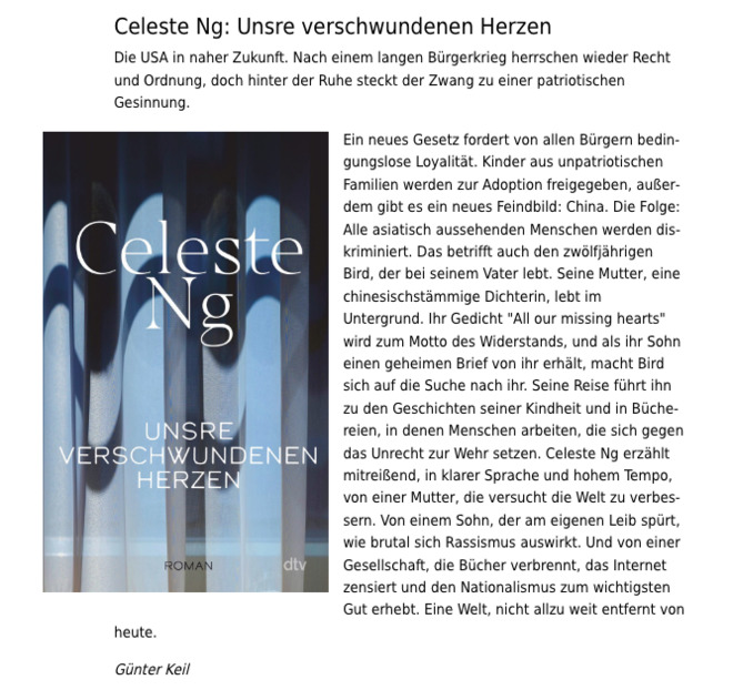Rezension: Celeste Ng / "Unsre verschwundenen Herzen"
