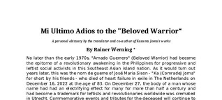 Mi Ultimo Adios to the "Beloved Warrior“
A personal obituary by the translator and co-author of Kasama Joma’s works